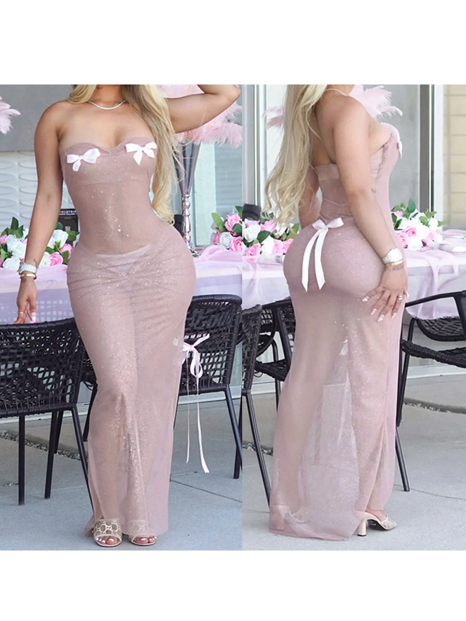 Sexy Lace Lingerie Nightgown with Sheer Mesh Panels and Bow Accents Strapless Bodycon Babydoll Dress for Women