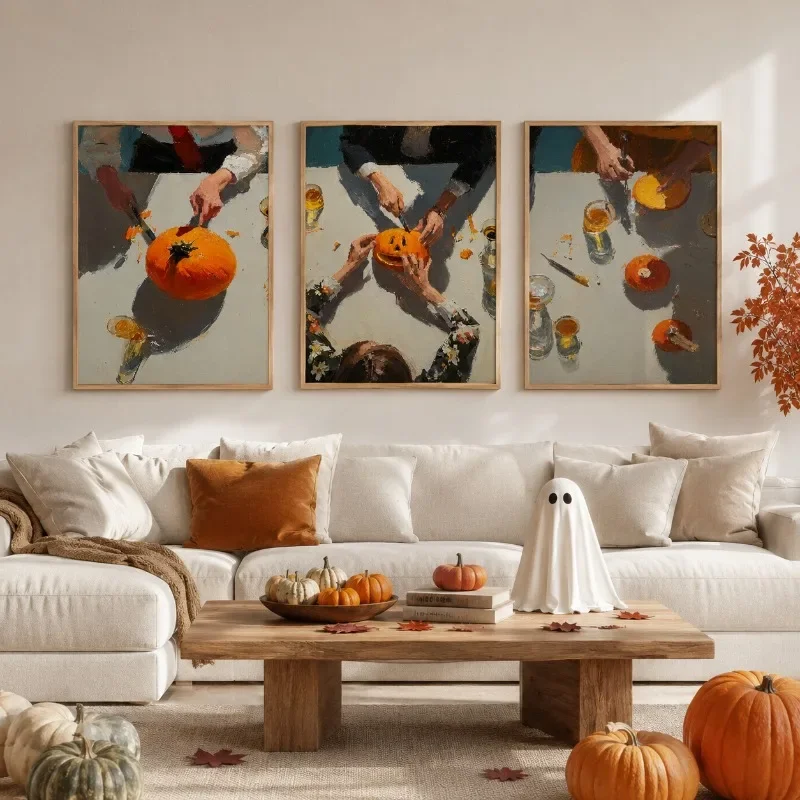 3PCS Large-sized frameless canvas paintings,Halloween Pumpkin Wall Decoration, Impressionist Autumn Orange-toned Poster Print, S