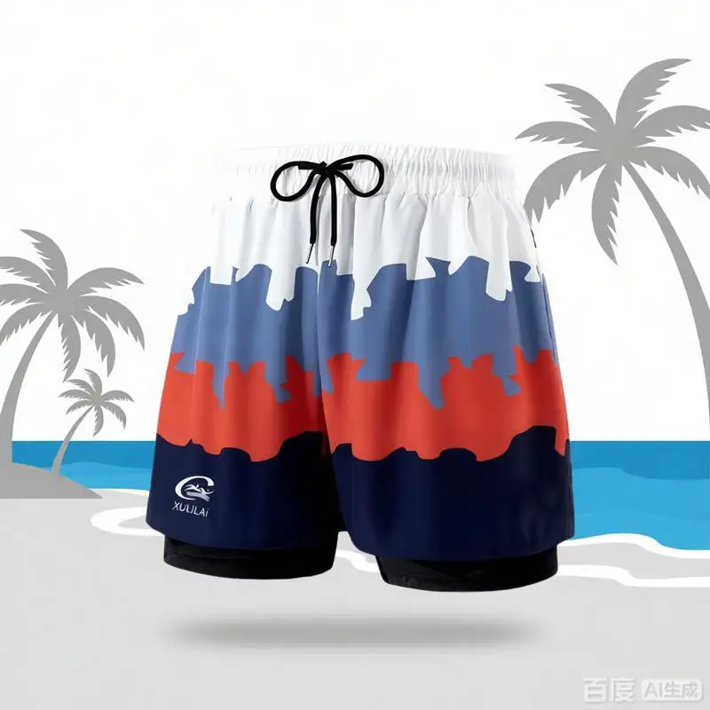 Men's swim trunks, double-layer loose fit, anti awkward, anti glare flat corner beach pants, adult swimming equipment
