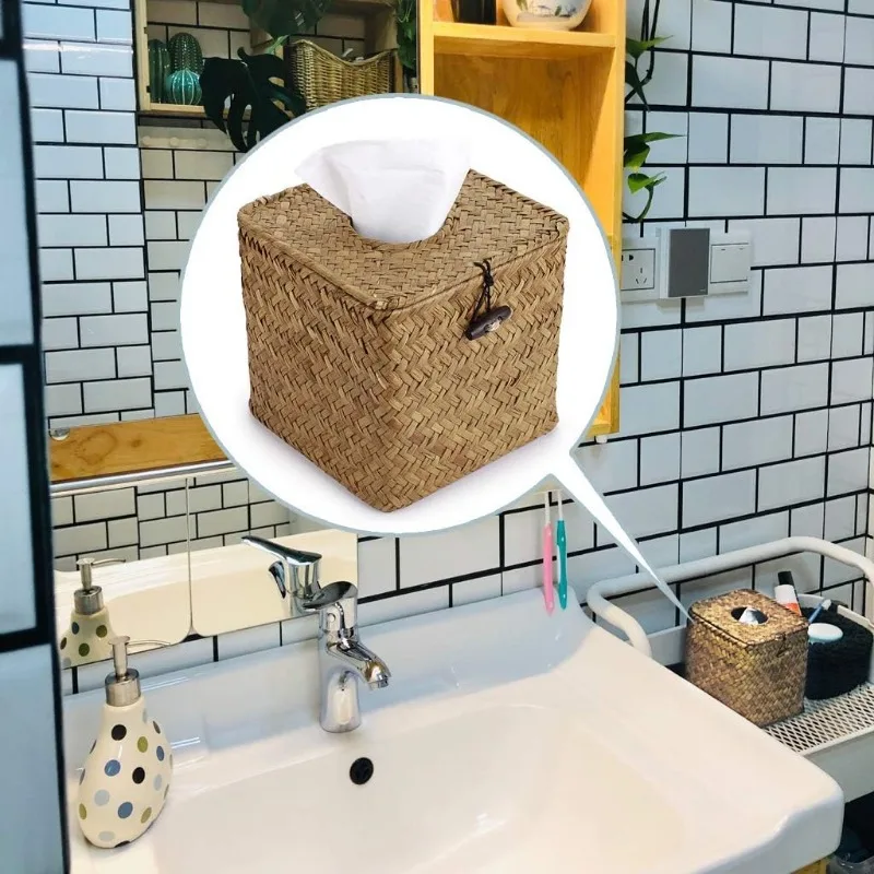 Square Seagrass Car Tissue Box Holder with Lid Woven Rustic Decor - view 5