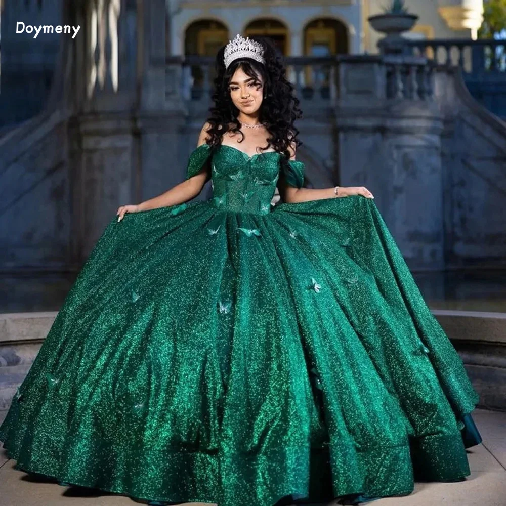 Doymeny 3D Butterfly Quinceanera Dresses Sequined Satin Off Shoulder Floor Length Party Gown Sweet 16 Dress Vestido De Noiva