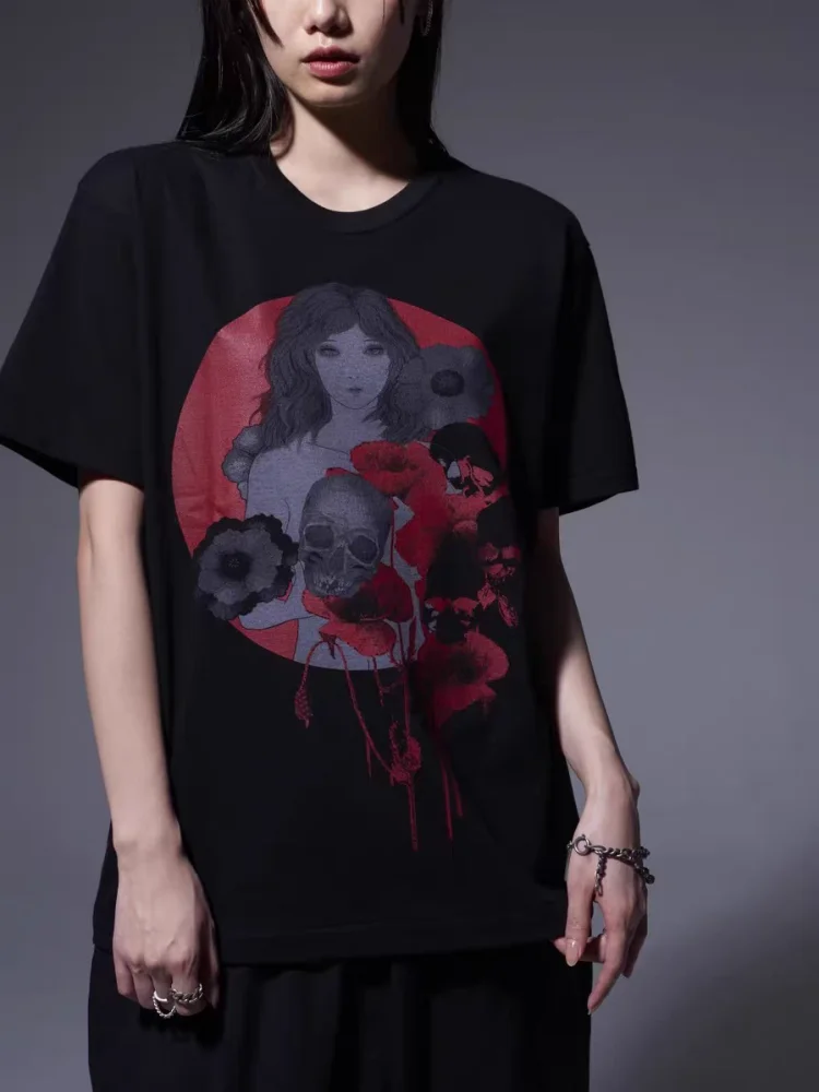YAMAMOTO-Style T-shirt ,HighQuality Dark Theme "Red Skull"" Pattern Print,100% Cotton Loose Short-Sleeved" — купить у AliExpress WW