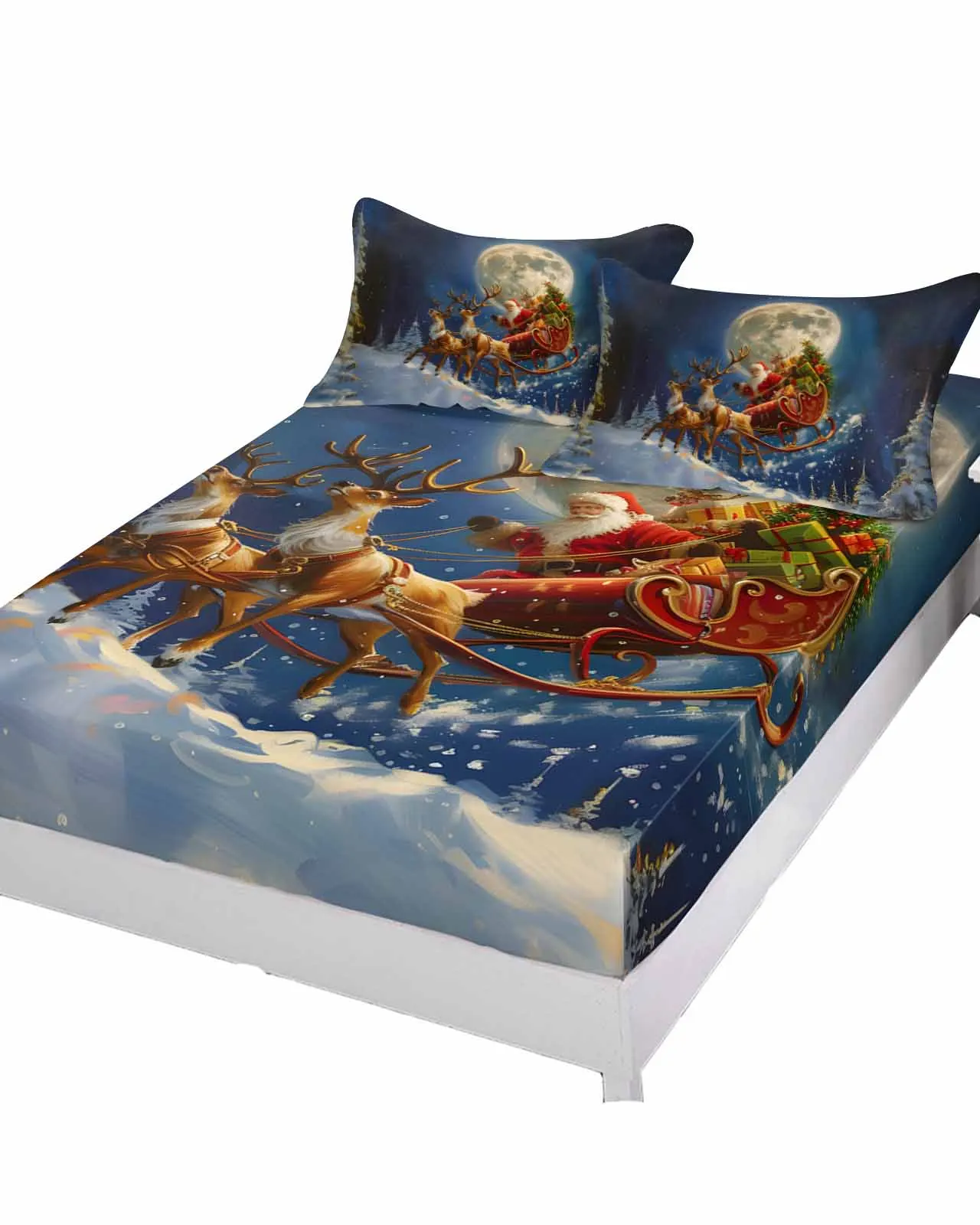 Drives Reindeer To Give Gifts Moon Queen Size Bed Mattress Fitted sheet Elastic Rubber Band Non-slip Bed Sheet Pillowcase Set