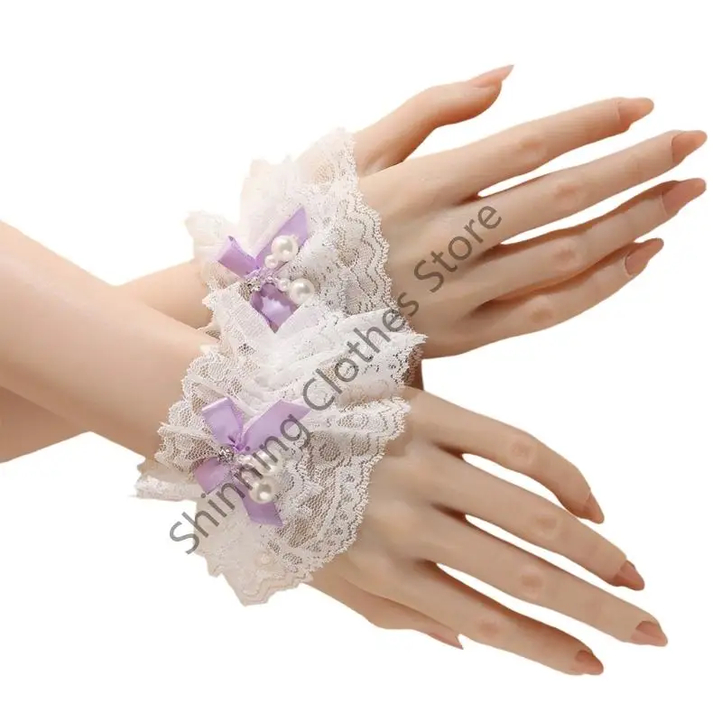 M68A Elegante Spitzen-Armstulpen mit Perlen-Bowknoten-Dekoren, Handgelenksmanschetten-Ärmel für Frauen, Teenager, tägliches und