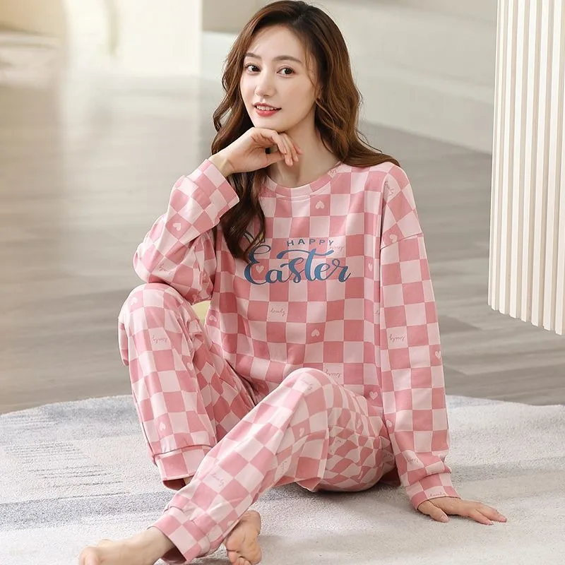 2023 V-neck Long Sleeved Pajamas for Female In Spring Autumn Cute Loose Fitting Large Size Pajamas In Cotton Home Clothing Set