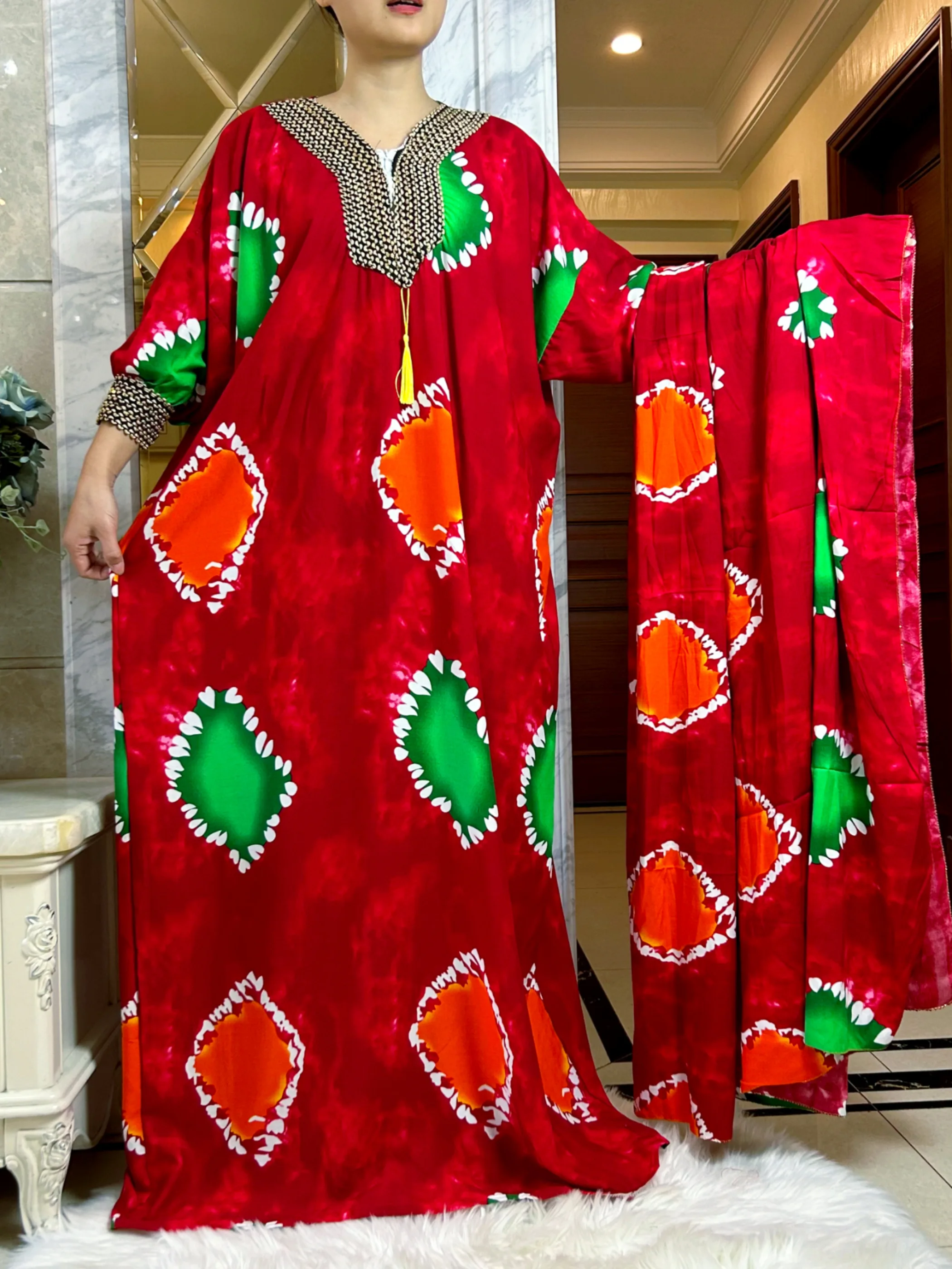 2025 Muslim Abayas For Women ramadan Fashion Sets Cotton Floral Printed Boubou Loose Femme Robe With 210x150cm Oversize Scarf