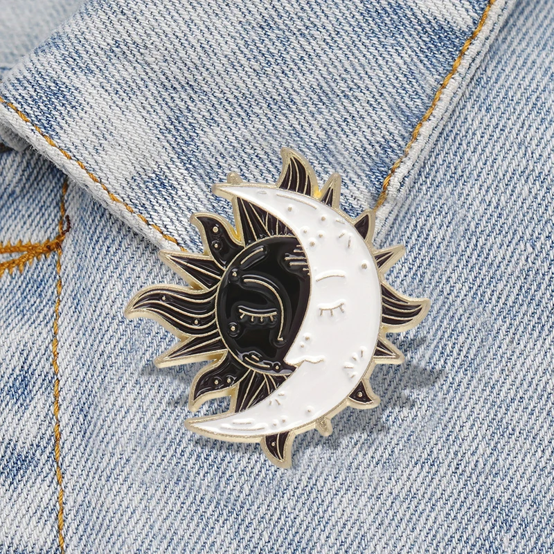 Sun And Moon Enamel Pins Custom Black White Brooches Lapel Badges Punk Lovers Jewelry Gift for Friends