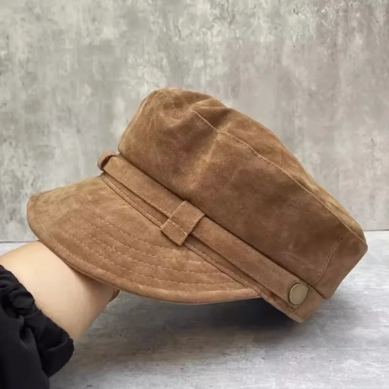 Women Autumn Winter Korean Brown Suede Soft Brim Flat Top Newsboy Cap Vintage EU US