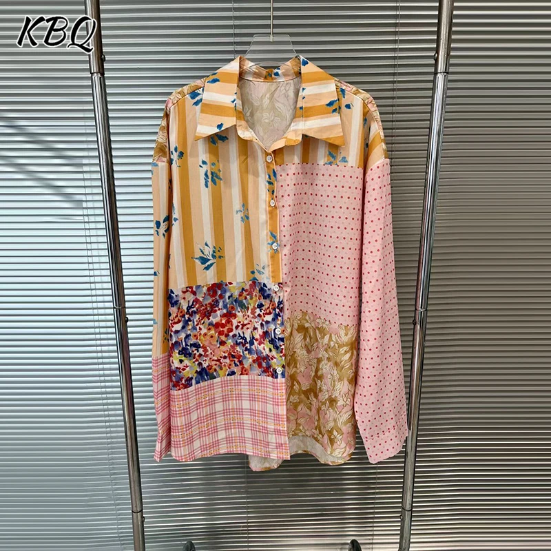 

KBQ Designer Hit Color Printing Slimming Blouses For Women Lapel Long Sleeve Spliced Button Summer Casual Shirts Female Fashion