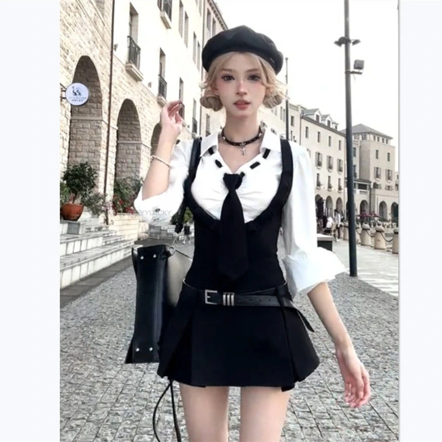 Spitze Patchwork Hemd Overall Set College Stil Schuluniform Zwei Stück Set Hohe Taille Abnehmen Kurzen Rock Zwei-stück Set