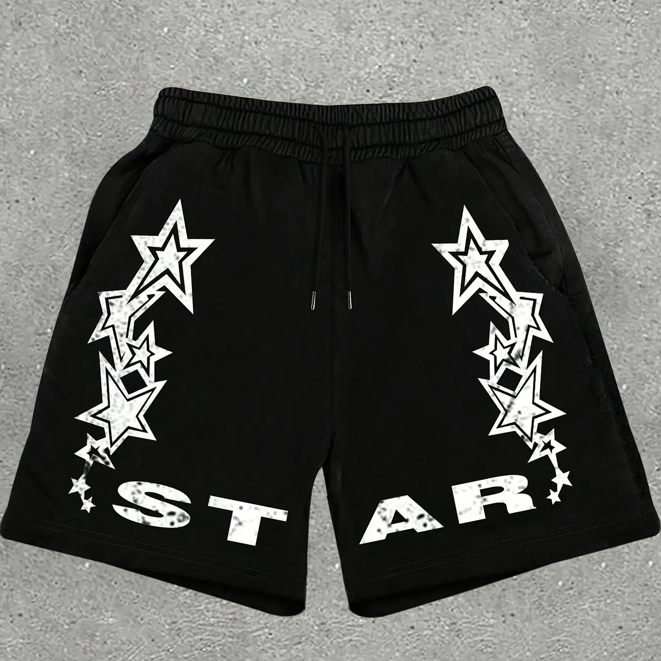 Y2K retro street enthusiast loose, vintage, layered, mottled stars, STAR letter drawstring shorts