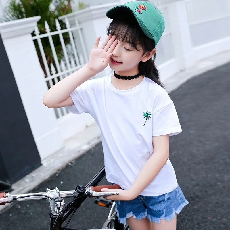 2026 New Girls Summer T-Shirt Kids Printed Short Sleeve Top Trendy Round Neck Tee for Big Kids Soft Casual Children’s Clothing