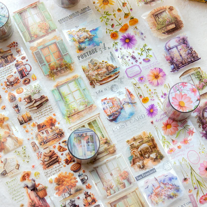 1Pc Vintage Literary Masking Washi Tape Cute Girl Flower Coffee Decorative Adhesive Material Sticker Diy Label Scrapbooking