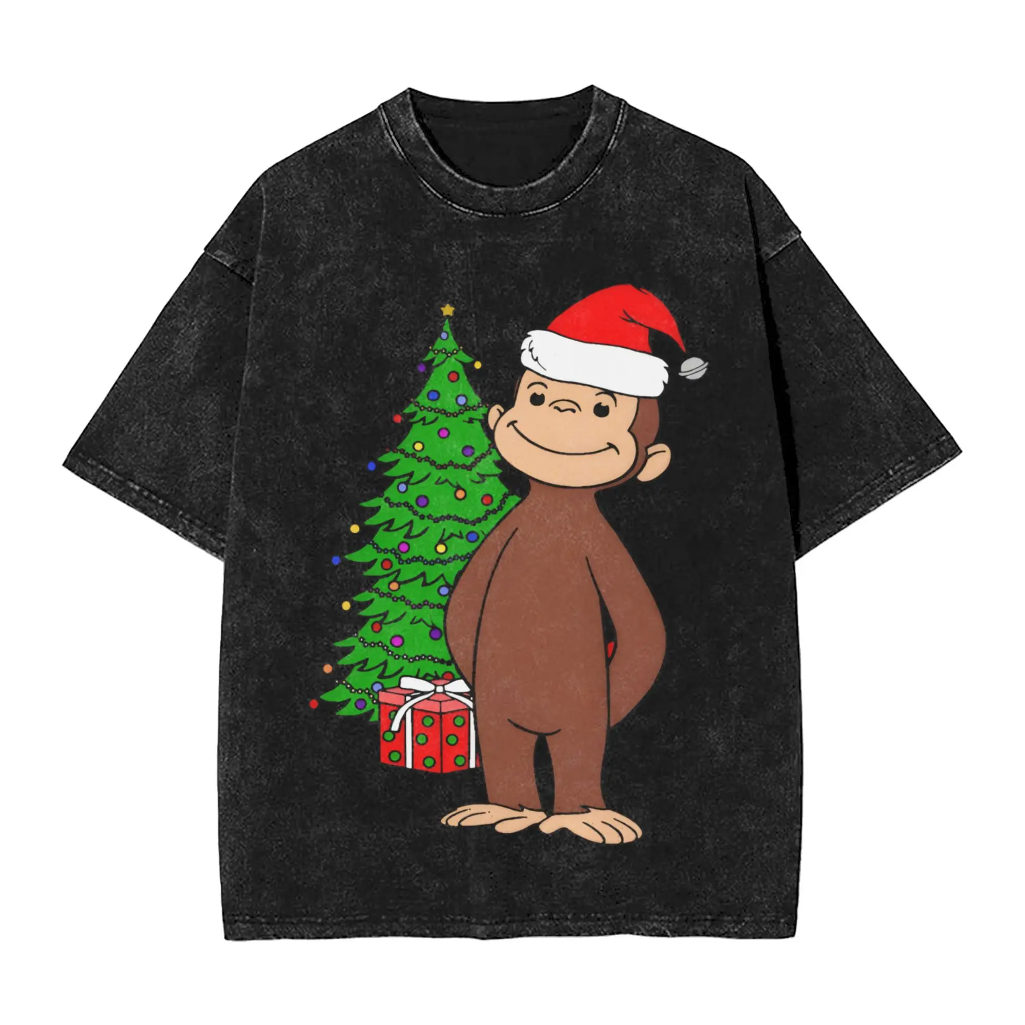 Merry Christmas From Curious George Outfit Washed T Shirts for Men Women Streetwear Hip Hop T-Shirts Printed  Tee Shirt