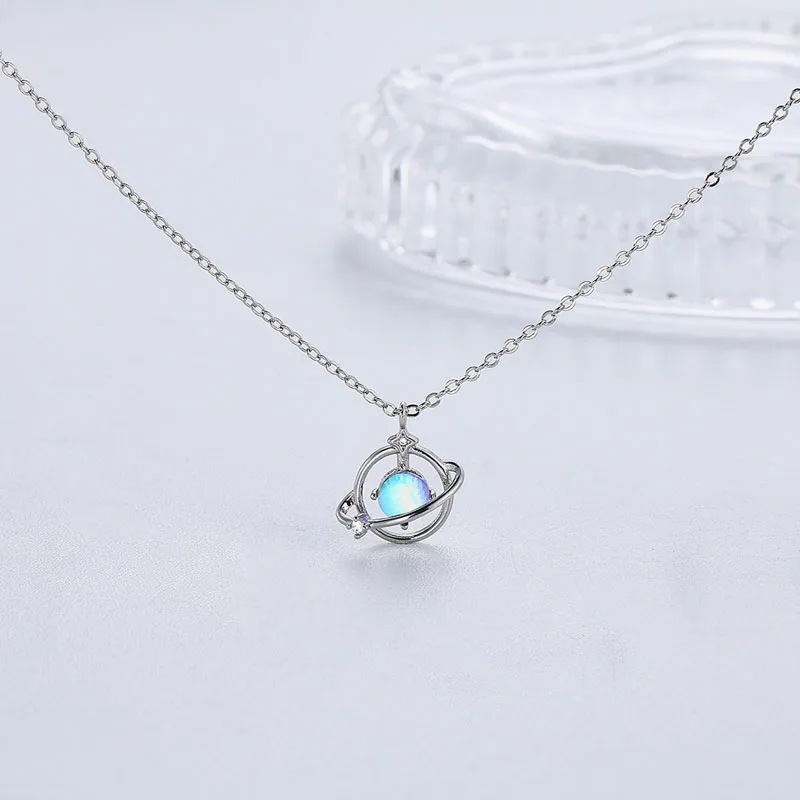 KOFSAC Beautiful Crystal Planet Pendant Necklace Women 925 Silver Trendy Jewelry Glamorous Zircon Star Surround Necklace Gift