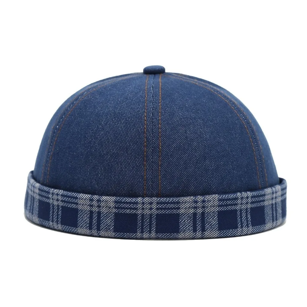Denim Material Denim Docker Cap Adjustable Design Brimless Style Brimless Sailor Hat Unisex Size Plaid Pattern