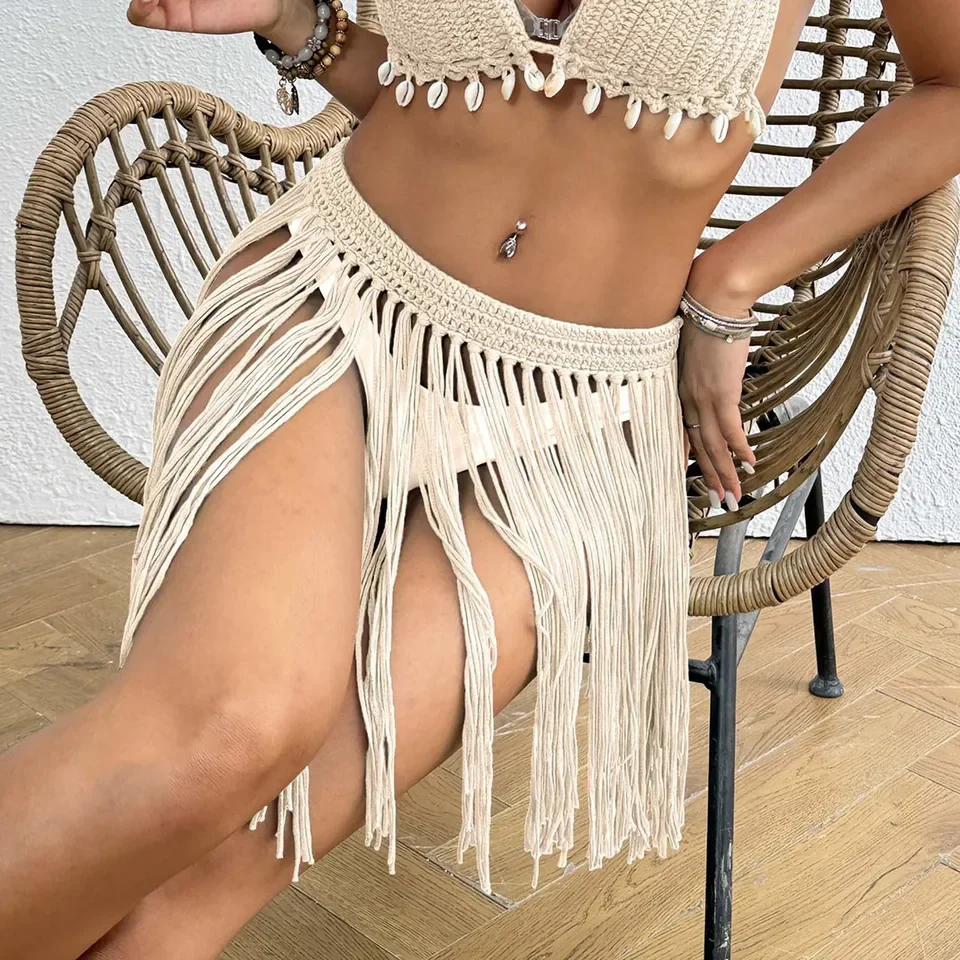 Novo maiô feminino cobrir senhoras cinta até praia sexy biquíni saia com capuz mão pura gancho borla saia traje de bain mujer