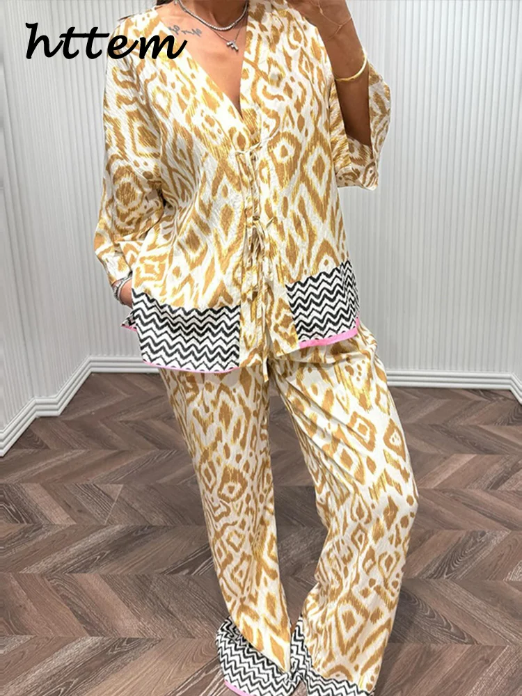 

Casual Printed Lace Up Shirt Pants Sets Women Hollow Out V-Neck Full Sleeve Tops Wide Leg Pant 2025 Summer Lady Loose Outfits
