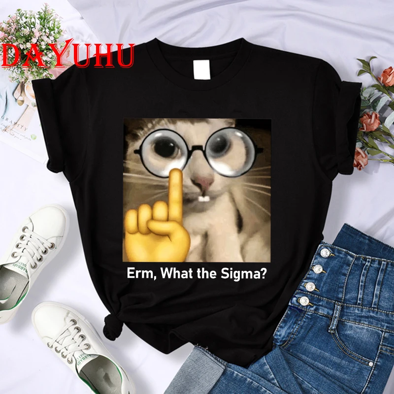 T Shirt Cat Erm What Sigma Funny Meme T-shirt for Women Silly Cat Humor Printed Fashion Tops O-Neck