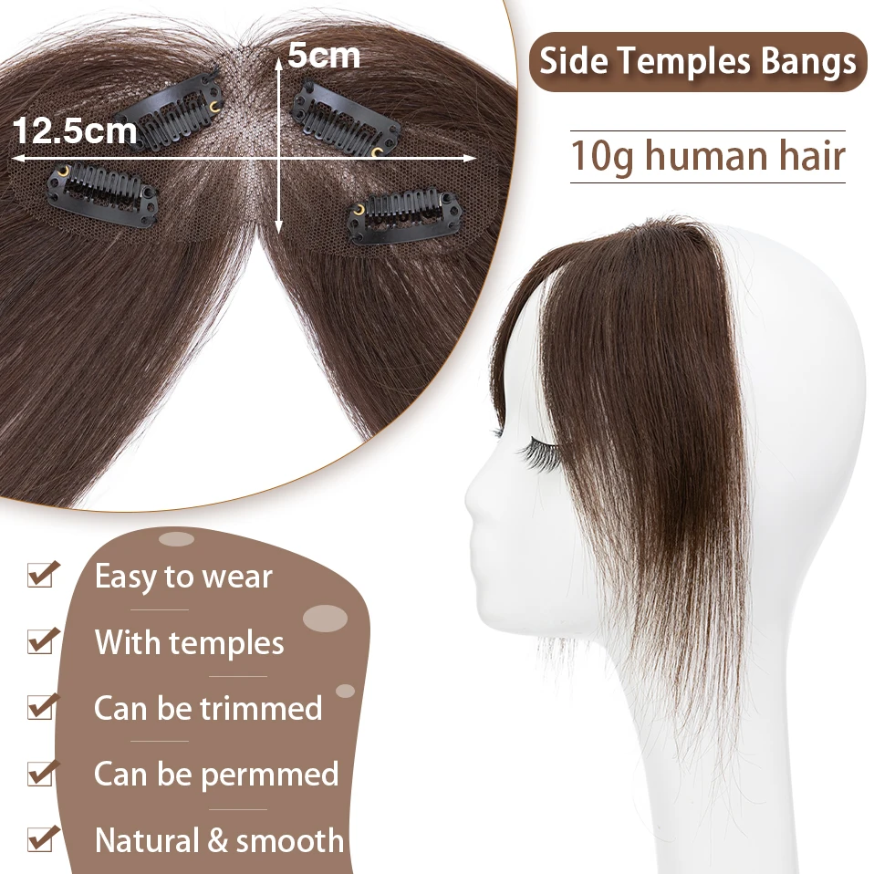 TESS Naturhaar-Pony, seitliche Bügel, Fransen, 10 g, Echthaar, unsichtbare Clip-in-Haarverlängerung, Haarspange, natürlicher Pony für Frauen