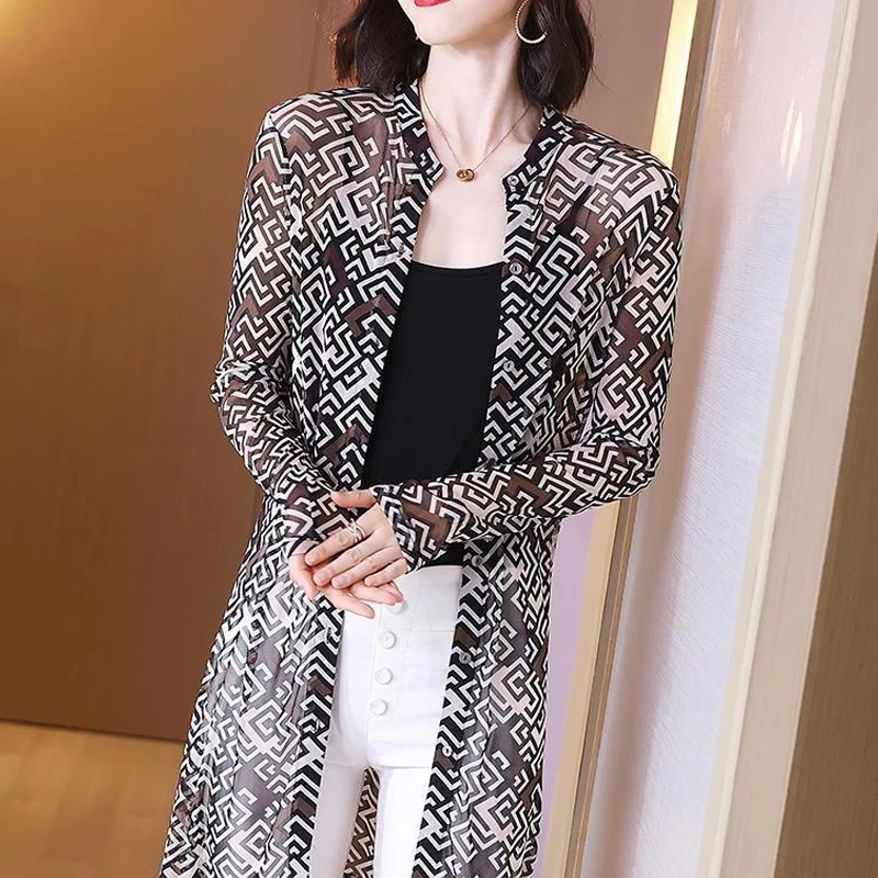 Fashion Casual Office Lady Loose Long Printing Jackets Comfortable Button Vintage Elegant Thin Spring Summer Women's Clothing