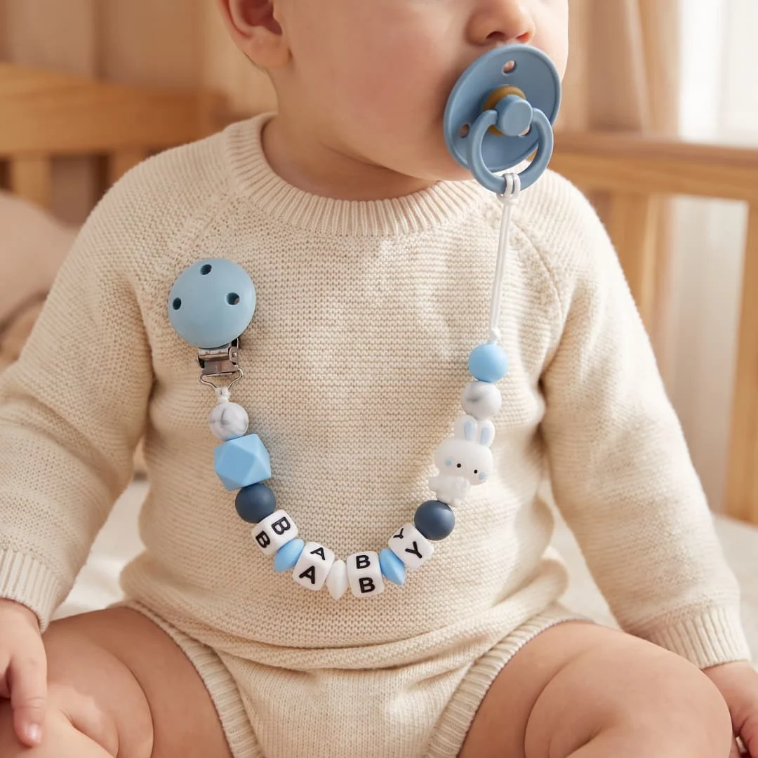 Custom Baby Pacifier Clip Personalized Name Blue Bunny Silicone Teething Chain BPA Free Dummy Holder Infant Chew Toy