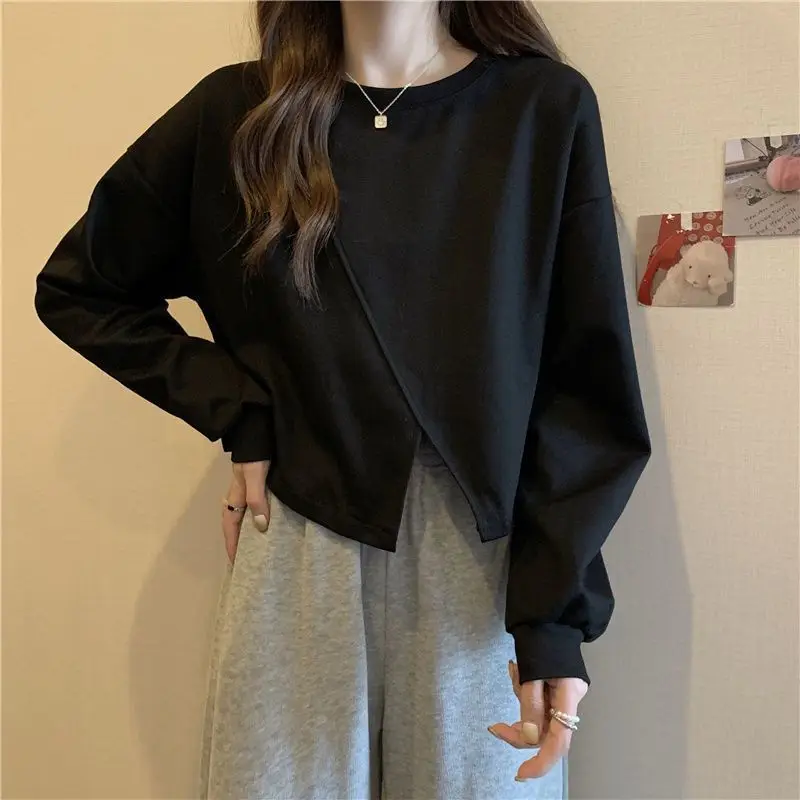 شق هيم غير النظامية كل مباراة الكورية بلايز كم طويل الصلبة البساطة عادية تي شيرت ربيع الخريف موضة ملابس حريمي الكورية