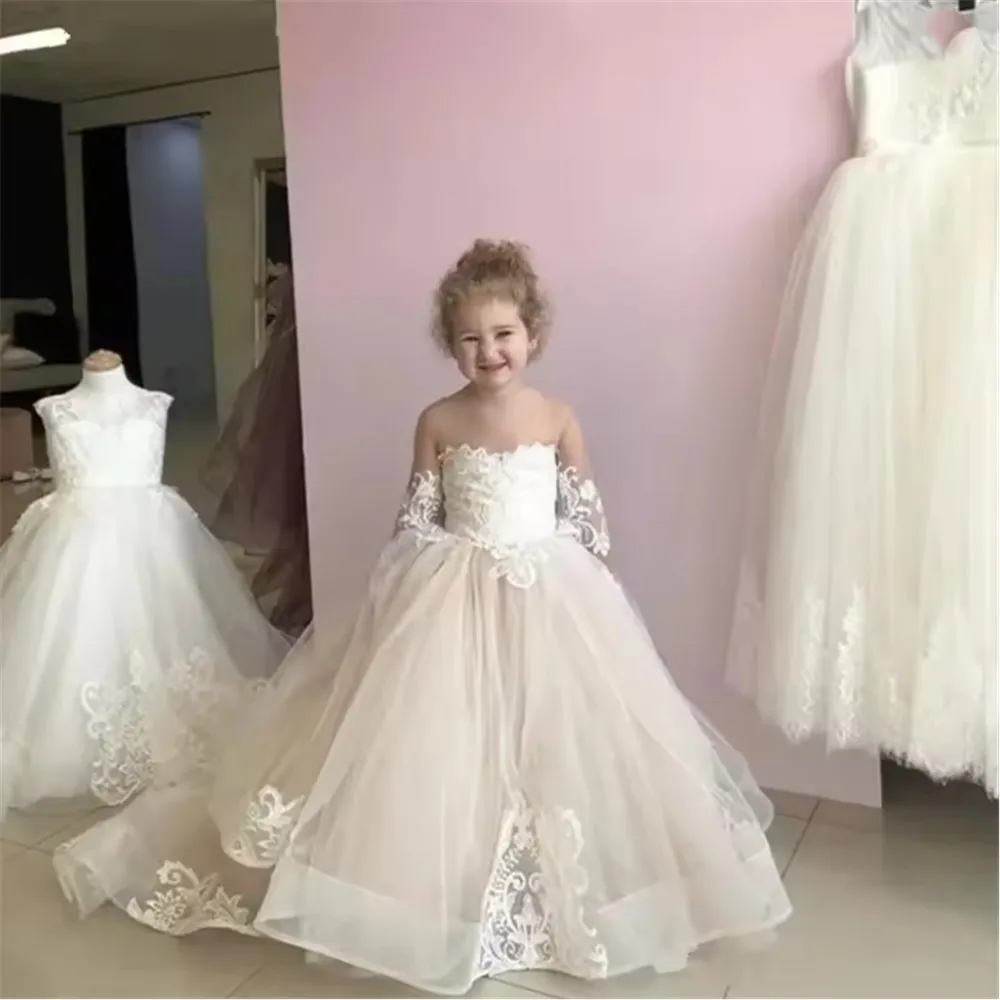 

Customized Flower Girl Wedding Dress Appliques Lace with Bow Puffy Baby Kids Birthday Party Dress vestidos de novia