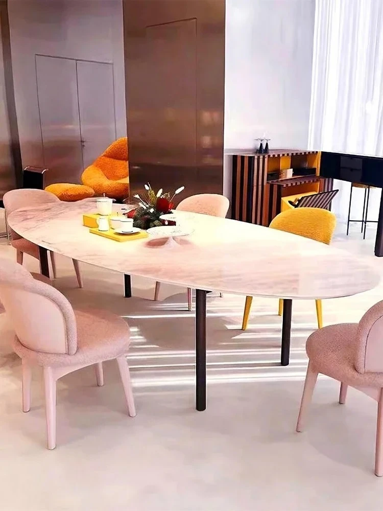 

exquisite craftsmanship Light luxury pink jade marble dining table Modern simple household oval dining table
