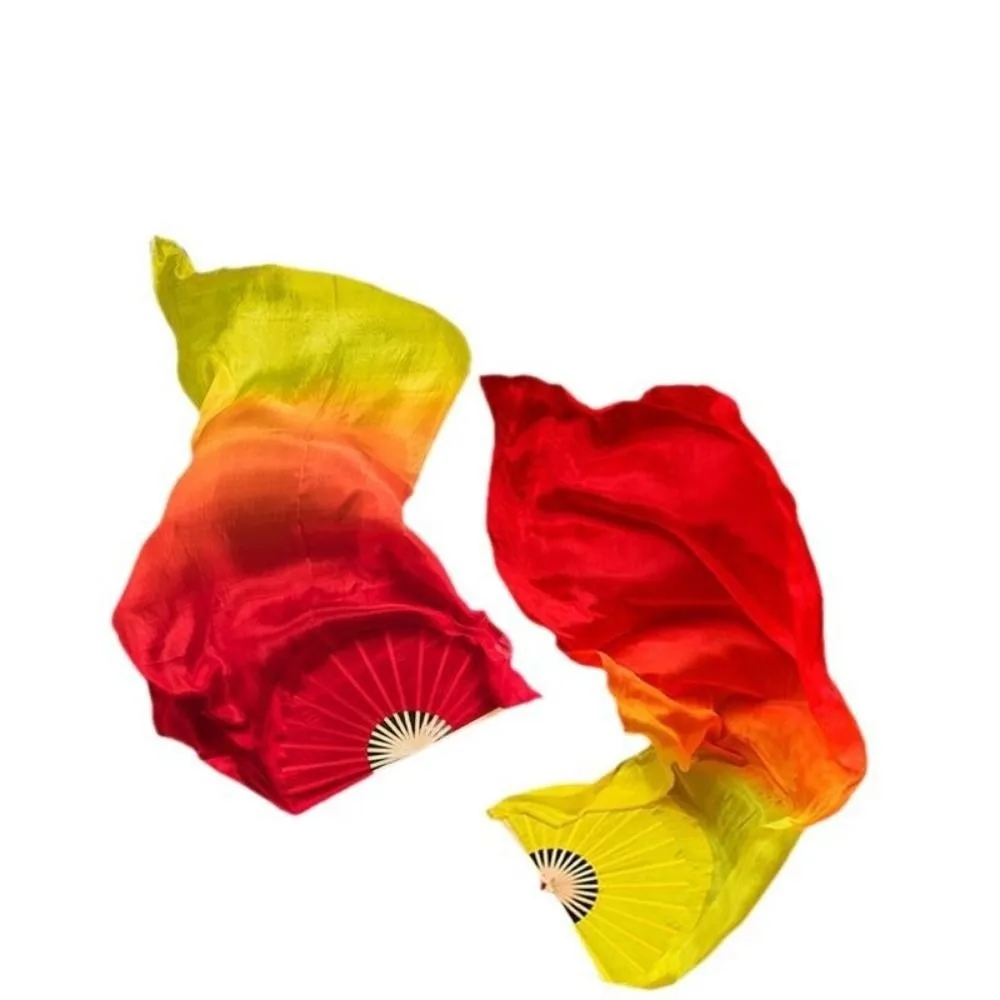 120/150/180cm Kid Women Belly Dancing Fan Tricolor Gradient Right&Left Hands Gradient Color Dancer Fan Rayon Silk Fans