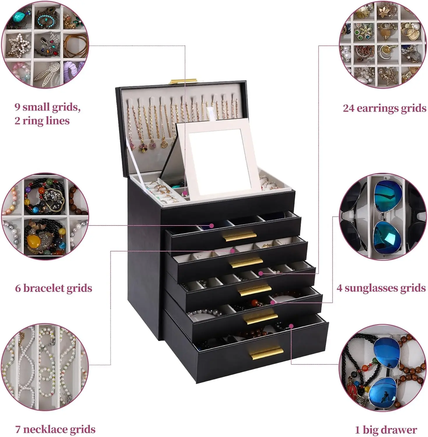 6-Layer Jewelry Organizer with Drawers and Mirror - Large Storage Box for Earrings, Necklaces, Rings