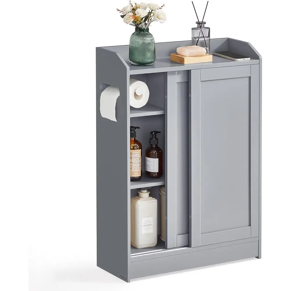 

Slim Storage Cabinet with Sliding Door, Toilet Paper Holder & Brush Compartment, 7.9 x 23.6 x 31.5, Gray