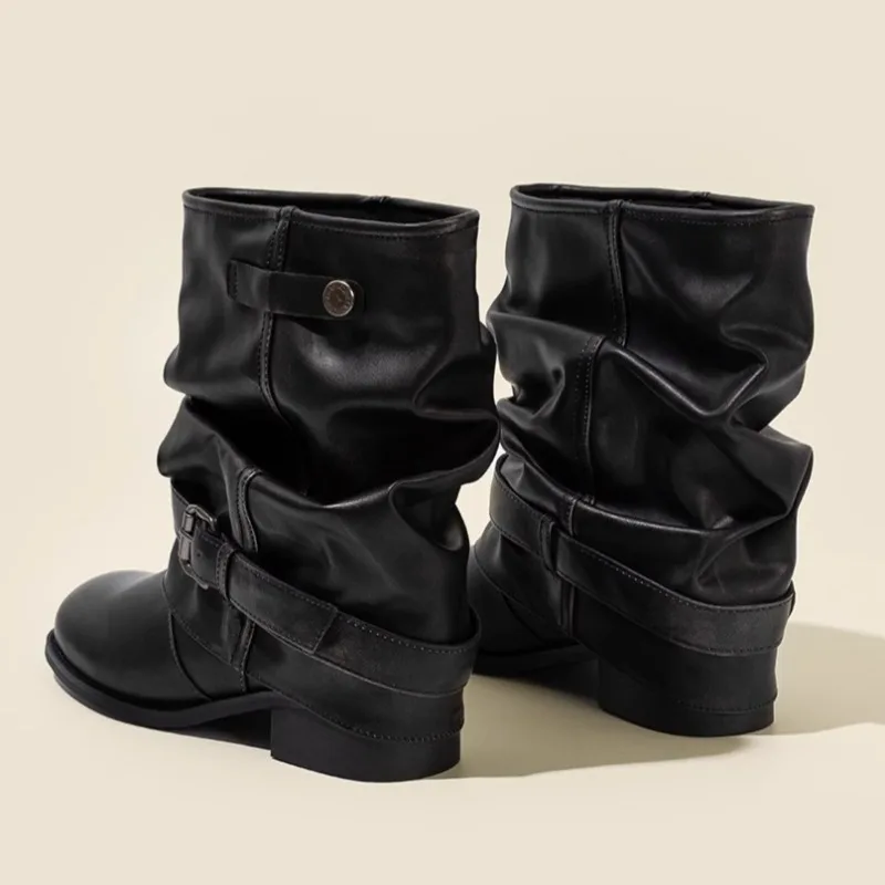 

Ковбойские сапоги в стиле вестерн, женские осенние новые короткие сапоги с круглым носком и металлической пряжкой на ремне, винтажные короткие сапоги на блочном каблуке