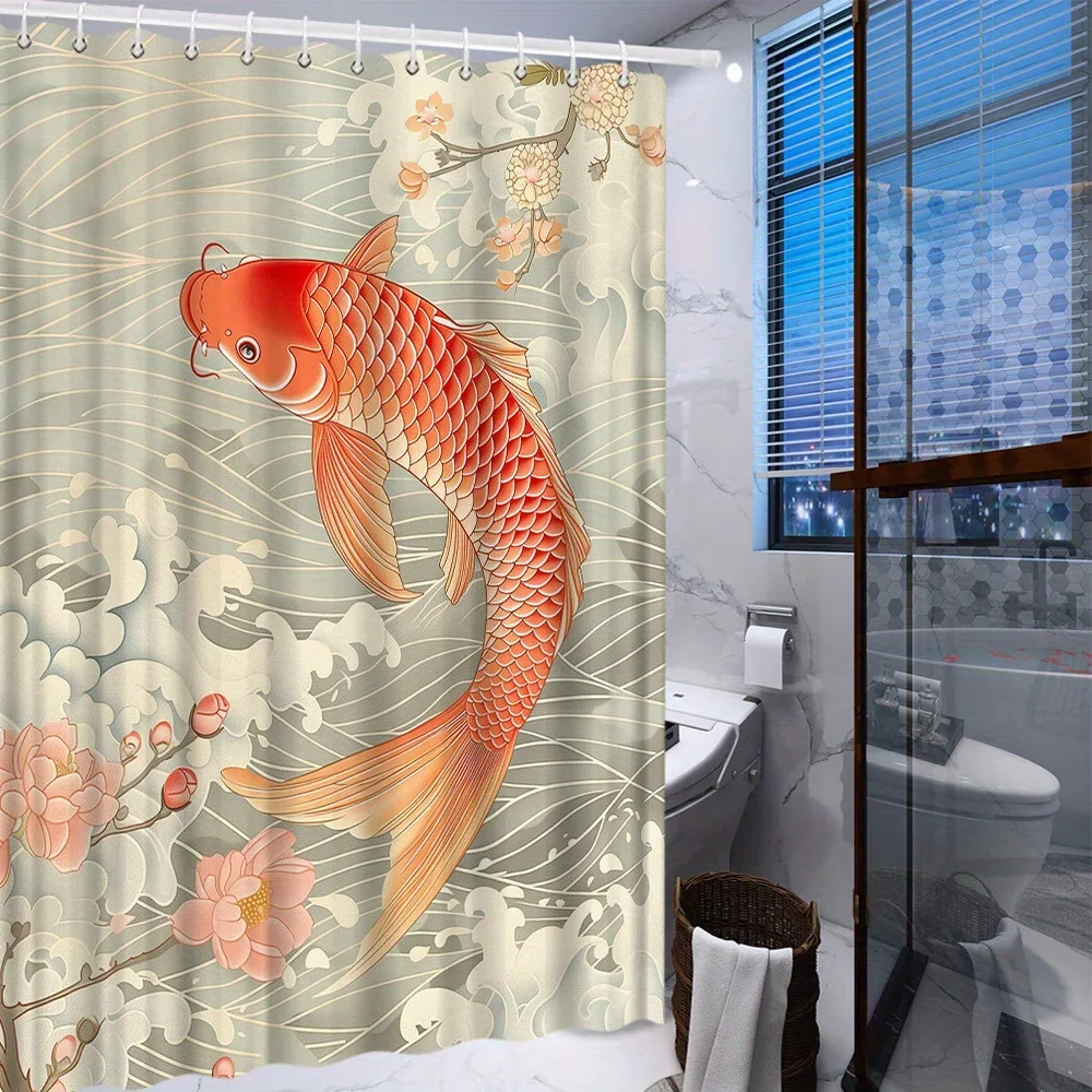 

1 piece Red Orange Koi and Sakura Shower Curtain-Flowing white waves and pink flower pattern, polyester fabric, machine washable