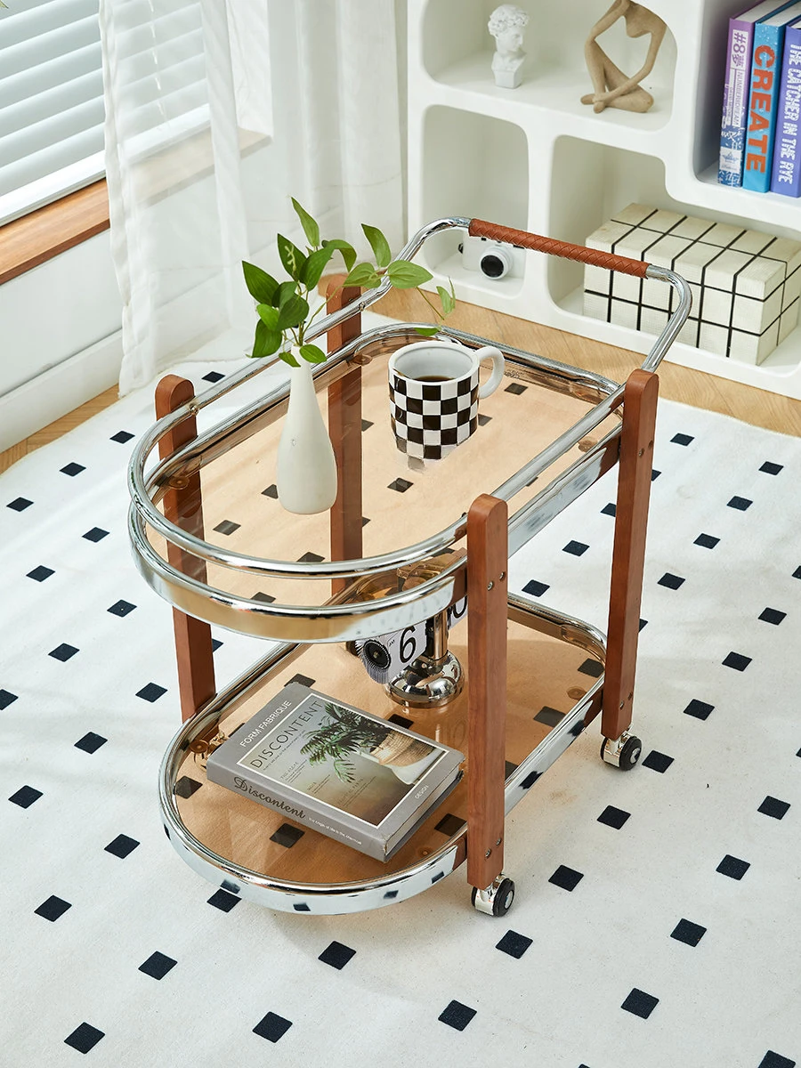 Solid Wood Trolley Glass Storage Rack Simple Modern Dining Car Mobile Sofa Side Table