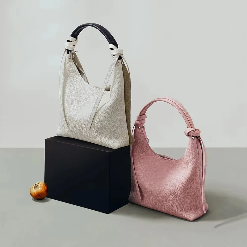 Korean Niche Design Color Blocked Lunch Box New Commuting Versatile Crossbody Bag Top Layer Cowhide Handbag Women Top-handle Bag