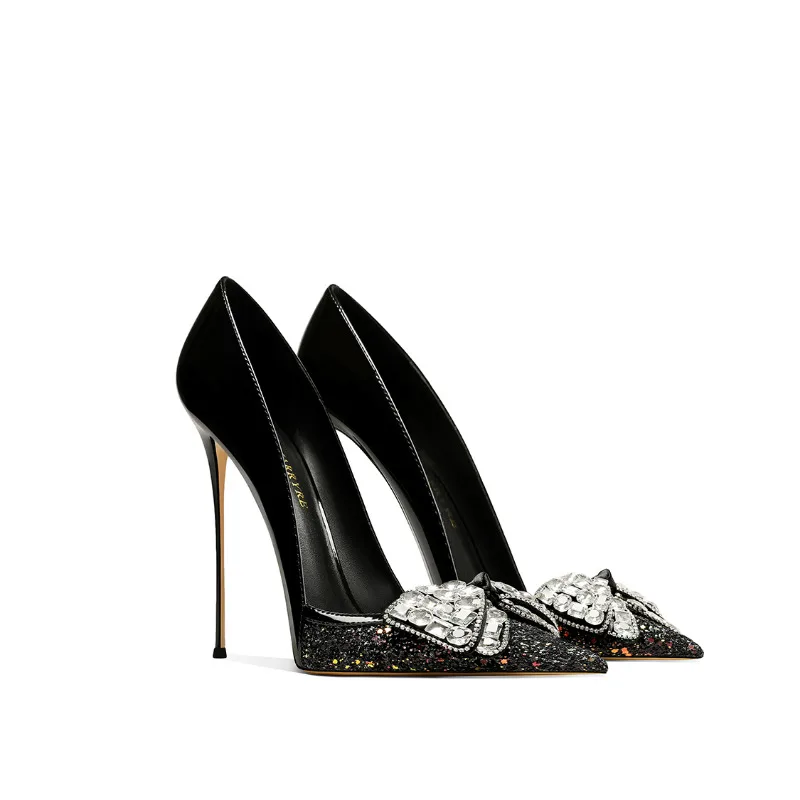 كعب ستيليتو من الجلد الطبيعي باللون الأسود مع فيونكة من حجر الراين لفستان الحفلات 2025 #3