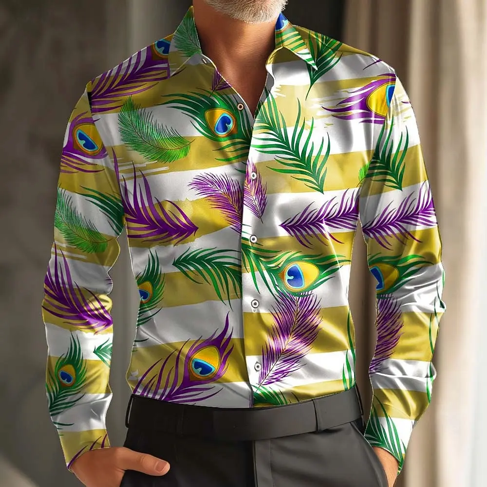

2026 Mardi Gras Men's Paisley Carnival Mask with Feathers Shirt Long Sleeve Fashion Casual Party 3D Print Button Up Shirts