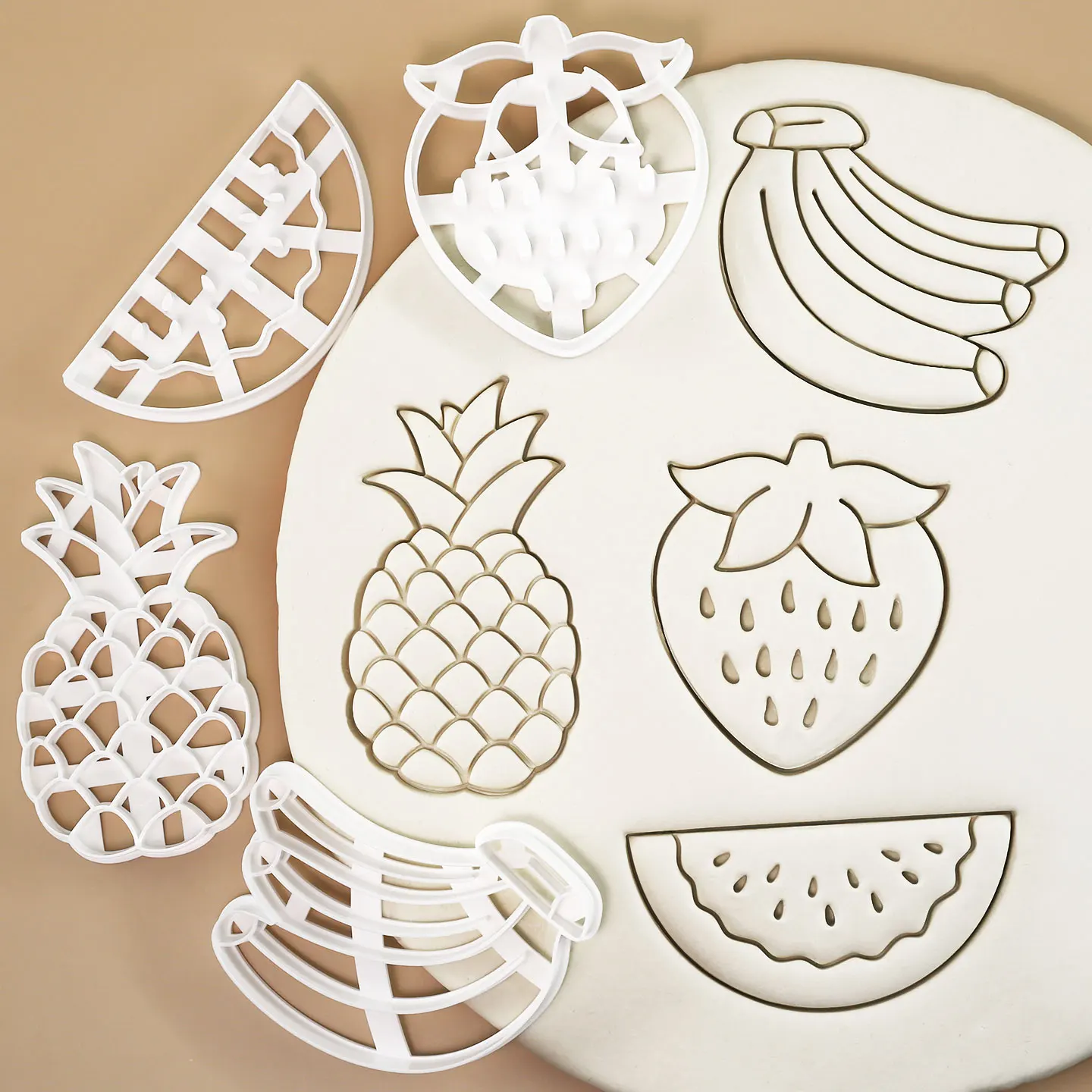 4 Pcs Fruit Shape Cookie Cutter 3D Pressed Cute Watermelon, Pineapple, Strawberry, Banana Baking Tools for Cookies, Cake, Pastry