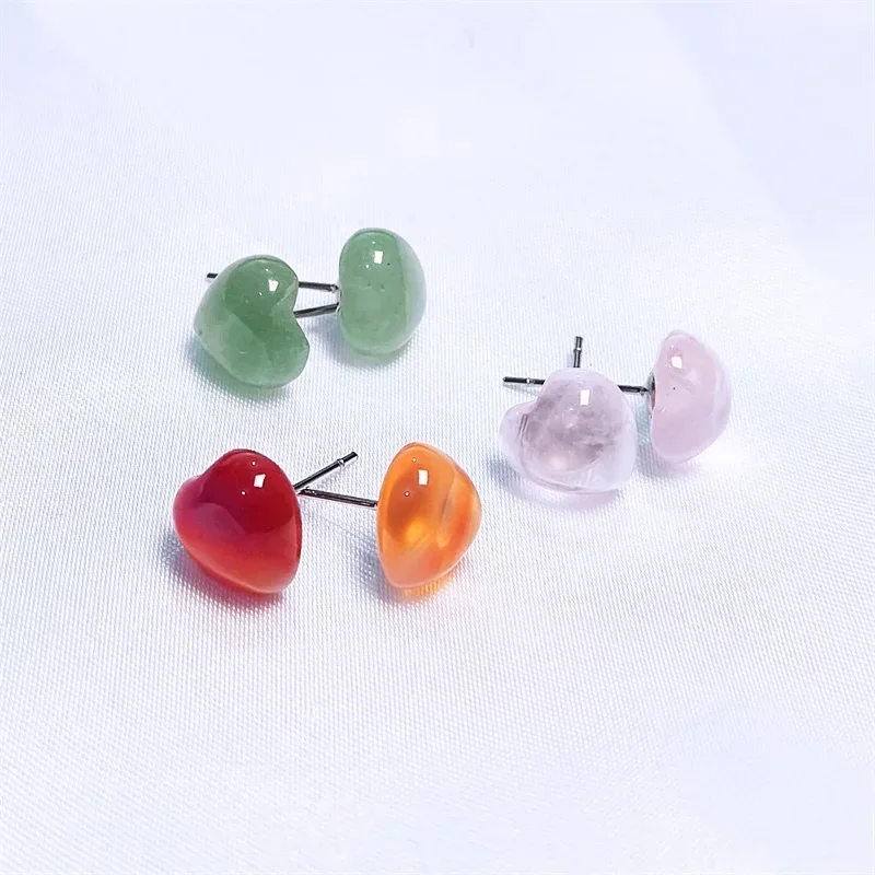 1 pair Natural Stone Mini Heart Stud Earrings Pink Crystal Quartz Tiger Eye Opal Stainless Steel Earring Jewlry for Women