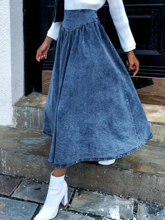 

Юбка для женщин, новинка 2026, весна-осень, однотонная уличная одежда с высокой талией, повседневная джинсовая юбка трапециевидной формы средней длины