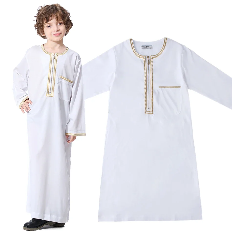 

Teenage Boys' Summer Muslim Robe Kids Arab Folk Clothes Boys Solid Color Thobe 5-14 Years National Outfit for Children New