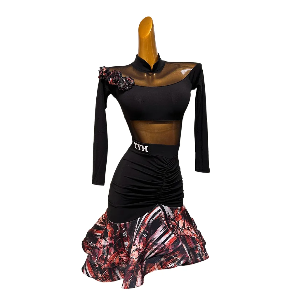 

Latin Dance Stage Stand Collar Long Sleeve Mesh Top Hip Fishbone Skirt Latin Dance Uniform Performance Uniform Practice Suit