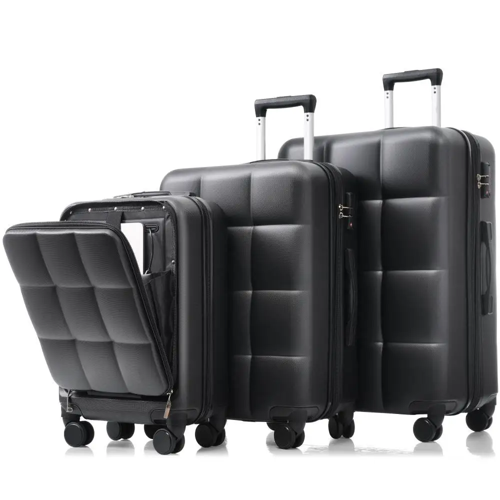 3-Piece Luggage Set with 20-Inch Hard Shell, USB Port, Spinner Wheels & Cup Holder - Black & Brown