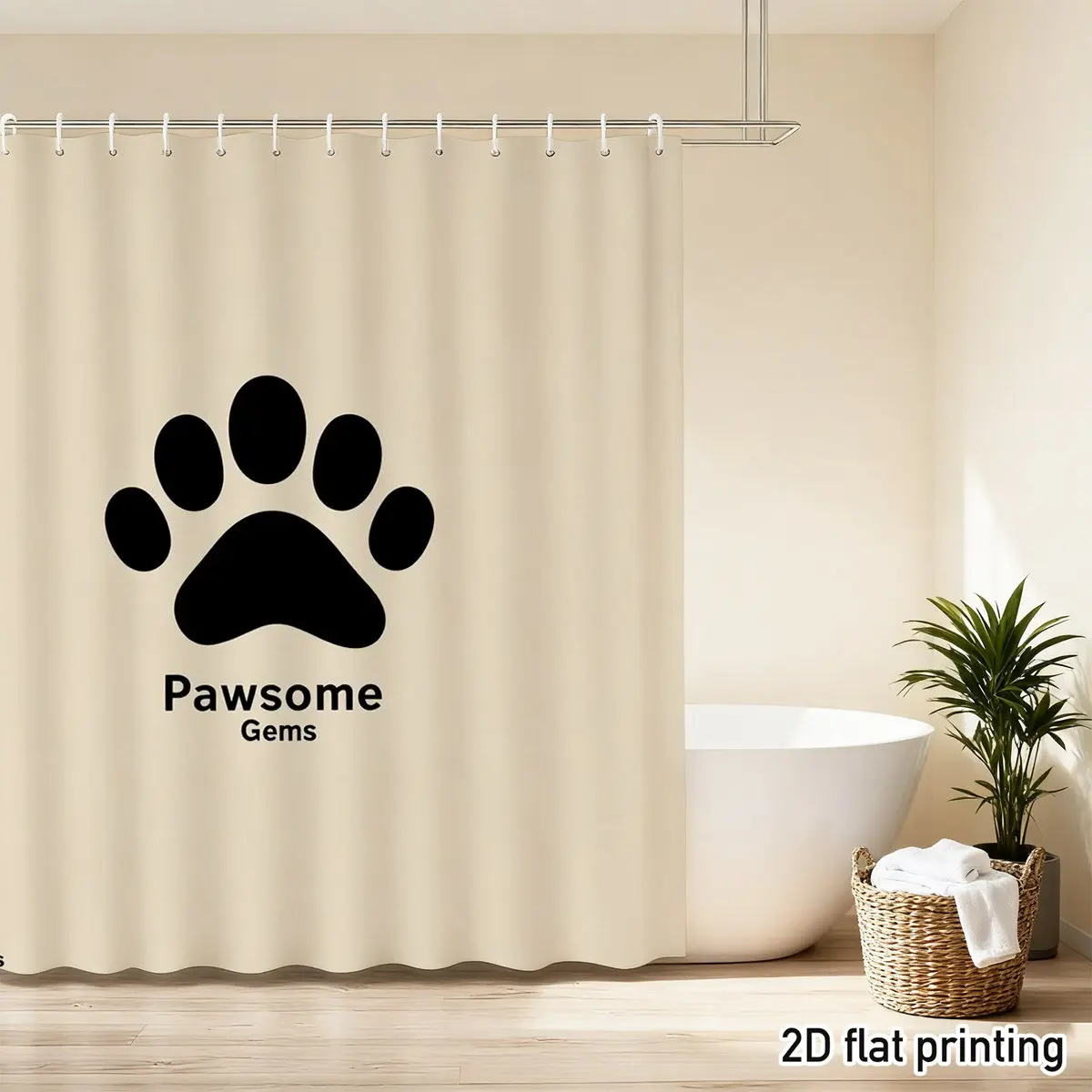 Black Paw Print Shower Curtain “Pawsome Gems” Text Waterproof Polyester Pet Lover Bathroom Decor