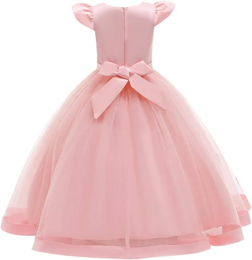 Vestido de encaje floral bordado para niña, trapeador de piso, vestido de comunión de gasa para fiesta de cumpleaños de princesa, vestido de niña de flores de boda