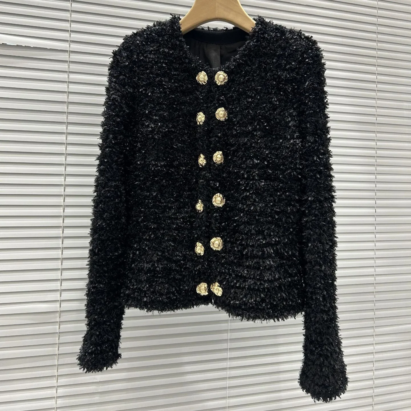 سترة نسائية محبوكة راقية طويلة Sve مستديرة Ne مفتوحة سترة Jaet Parisian فاخرة Sle صف مزدوج ذهبي أزرق إلي #1