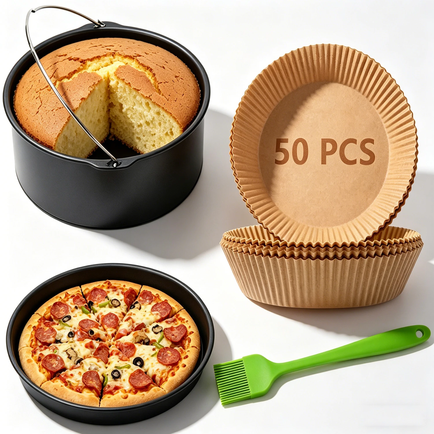 

7 Inch Air Fryer Accessories Set Cake Barrel Pizza Pan with 50Pcs Parchment Paper Silicone Brush for Ninja Gowise Cosori