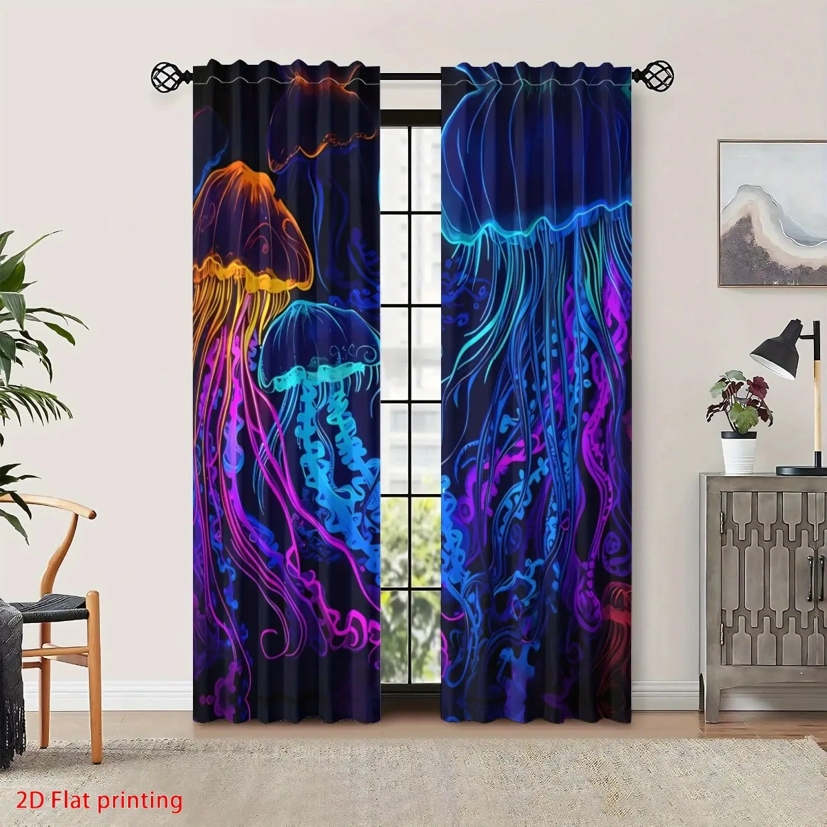 Neon Jellyfish Curtains, Glowing Ocean Sea Life Print Blackout Drapes, Colorful Marine Decor for Bedroom Living Room Window