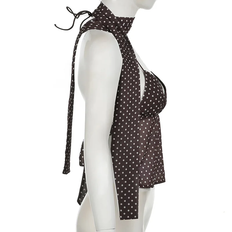 Sommer Y2K Damen Polka Dot Print ärmellose Weste Vintage Camisole mit Spaghettiträger Schal Streetwear Top – Detail 10